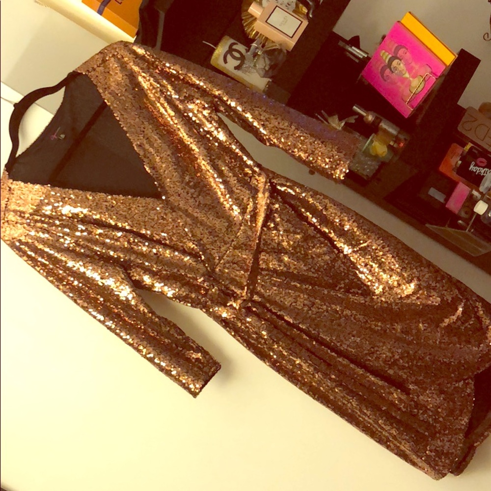 Aqua gold sequin wrap dress.